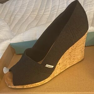 TOMS Black Cork Wedge Peep Toe